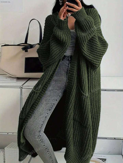 Women's Solid Chunky Knit Open Front Oversized Long Cardigan With Pockets