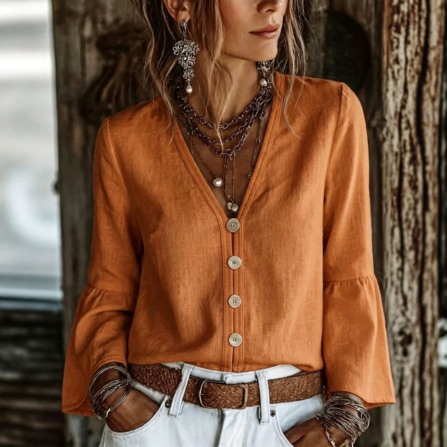 V-Neck Button-Front Bell Sleeve Blouse