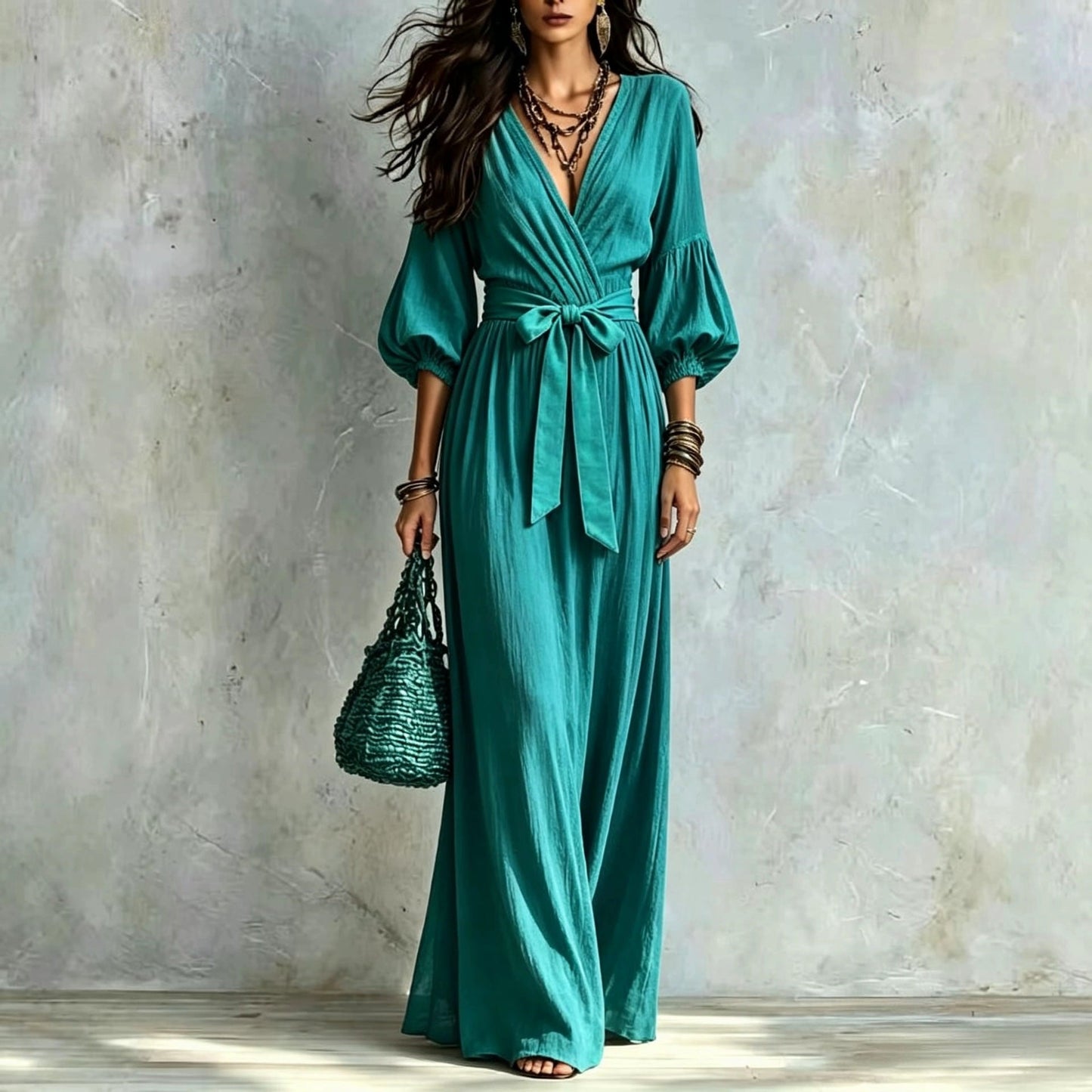 V‑Neck Wrap Belted Textured Wide‑Leg Jumpsuit With Balloon Sleeves