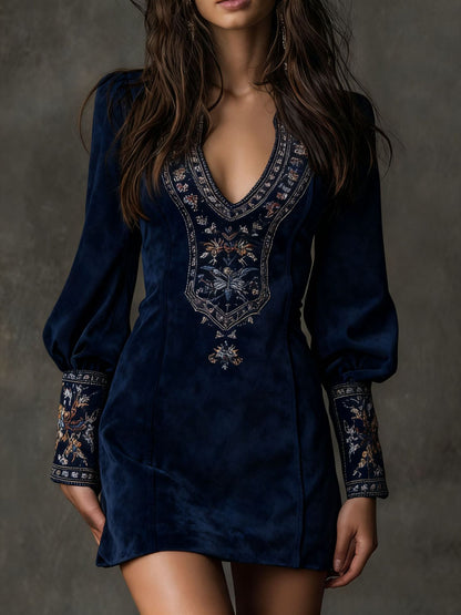 The Embroidered Suede Boho Mini Dress