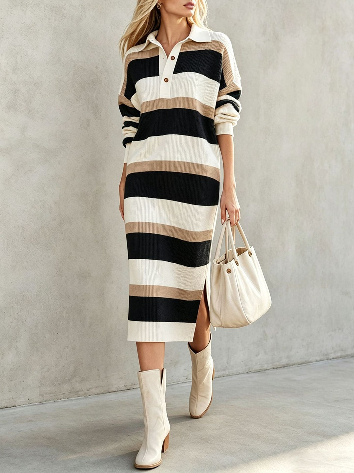 Striped Polo Collar Knit Midi Dress