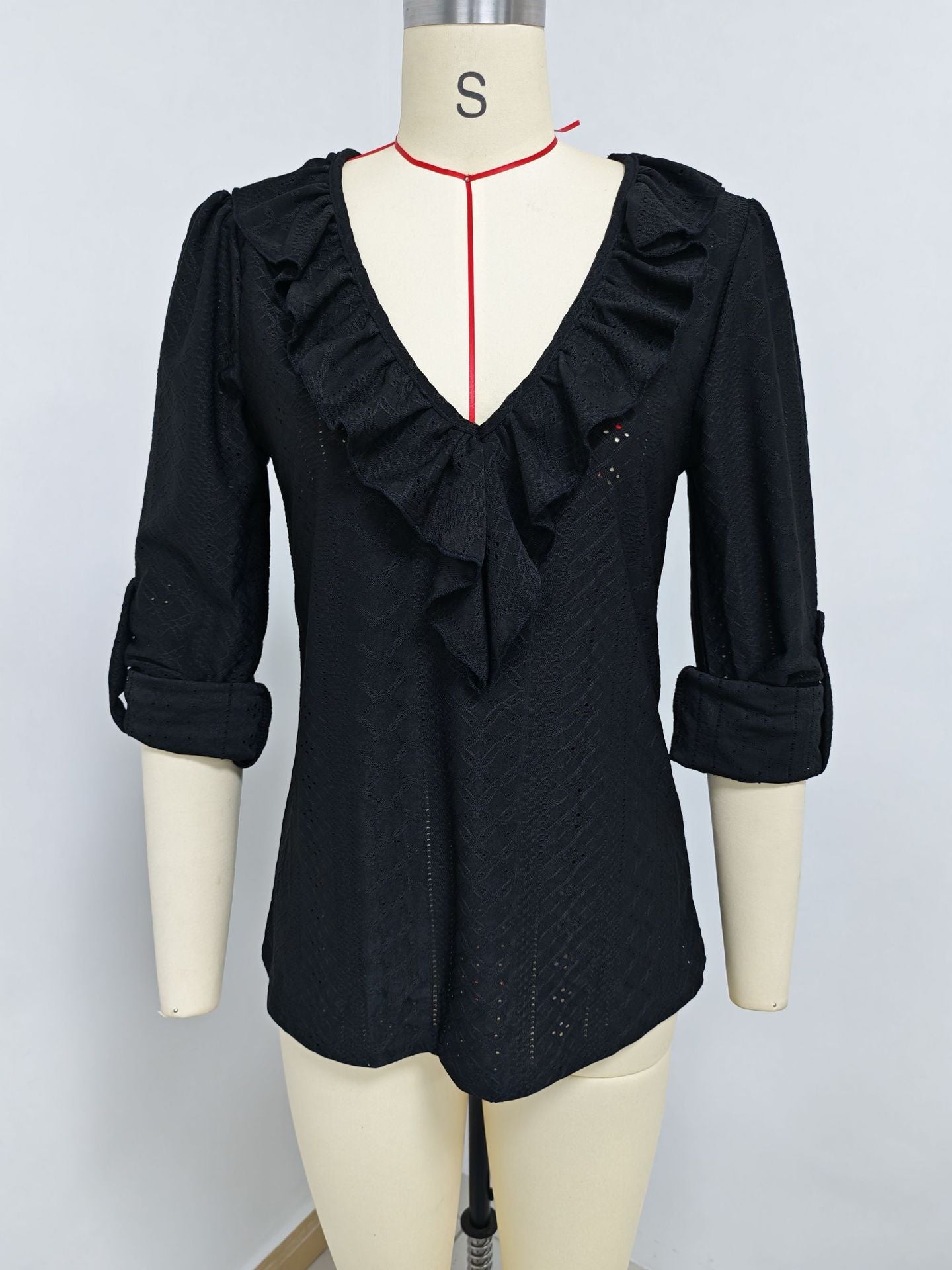 Ruffle V-Neck Eyelet Blouse