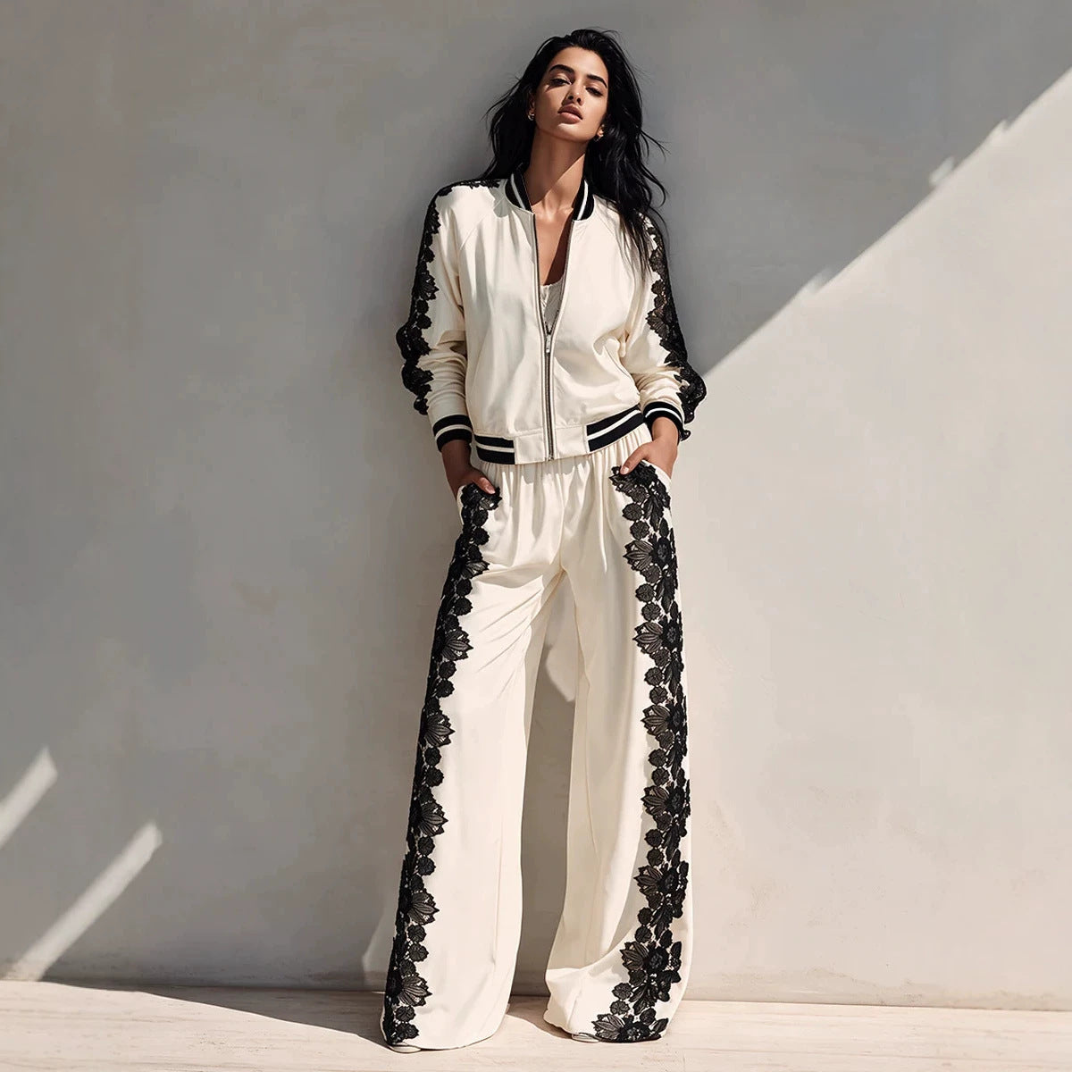 Bomber Jacket & Wide‑Leg Pants Two‑Piece Set with Black Lace Trim