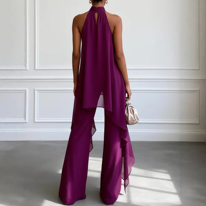 Elegant Deep Purple Chiffon Halter Neck Two-Piece Wide-Leg Pants Set