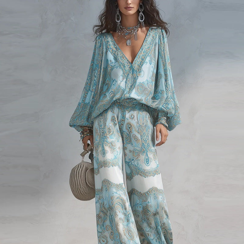Paisley Print Blouse & Wide-Leg Pants Set