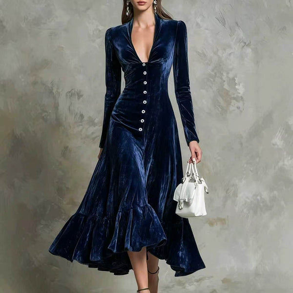 Button-Front Velvet Midi Dress