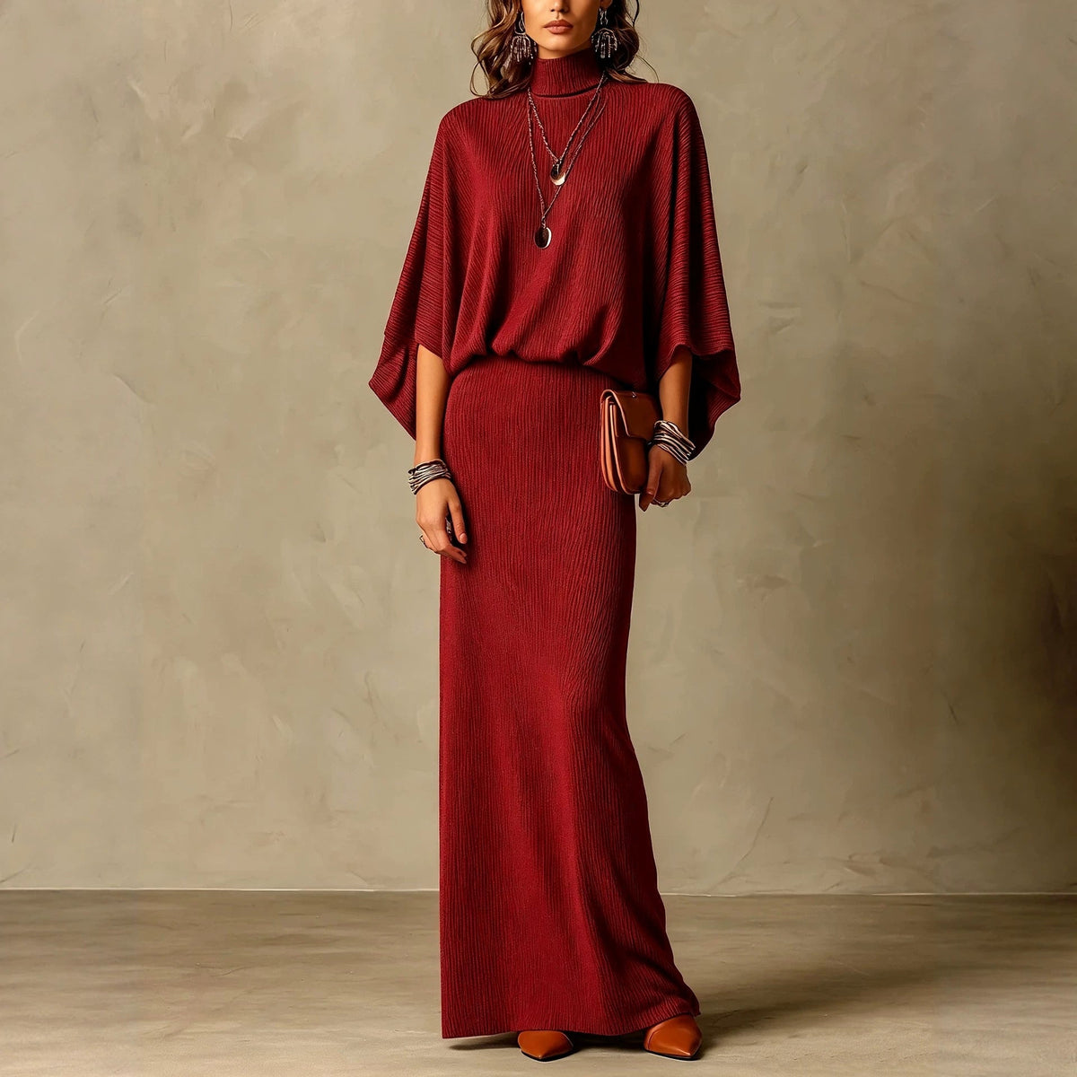Women's Grey Ribbed Turtleneck Batwing Top & High Waist Maxi Skirt Two Piece Set