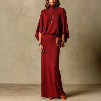Women's Grey Ribbed Turtleneck Batwing Top & High Waist Maxi Skirt Two Piece Set