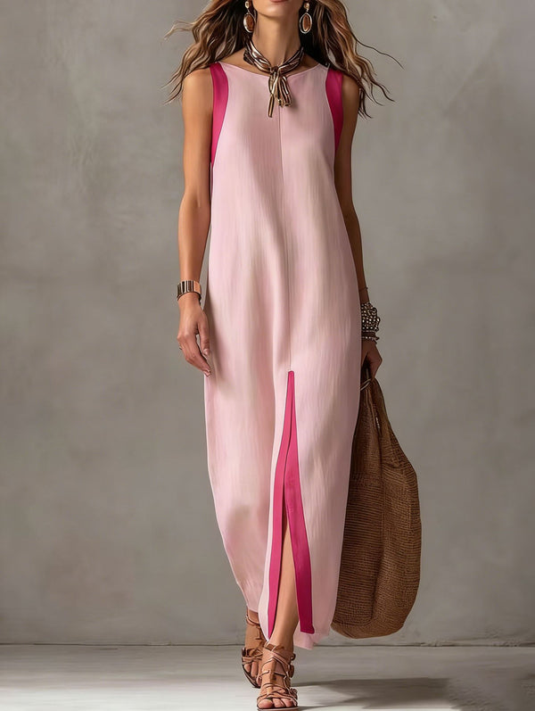 Two-Tone Color Block Sleeveless Straight Midi Dress