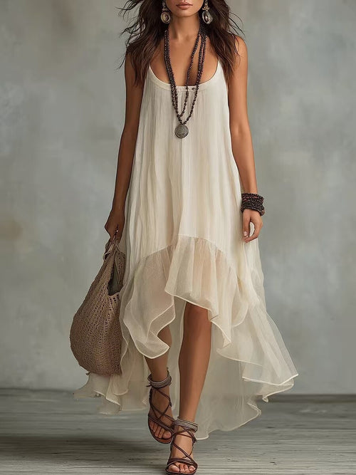 Boho Irregular Ruffle Hem Sleeveless Chiffon Maxi Dress