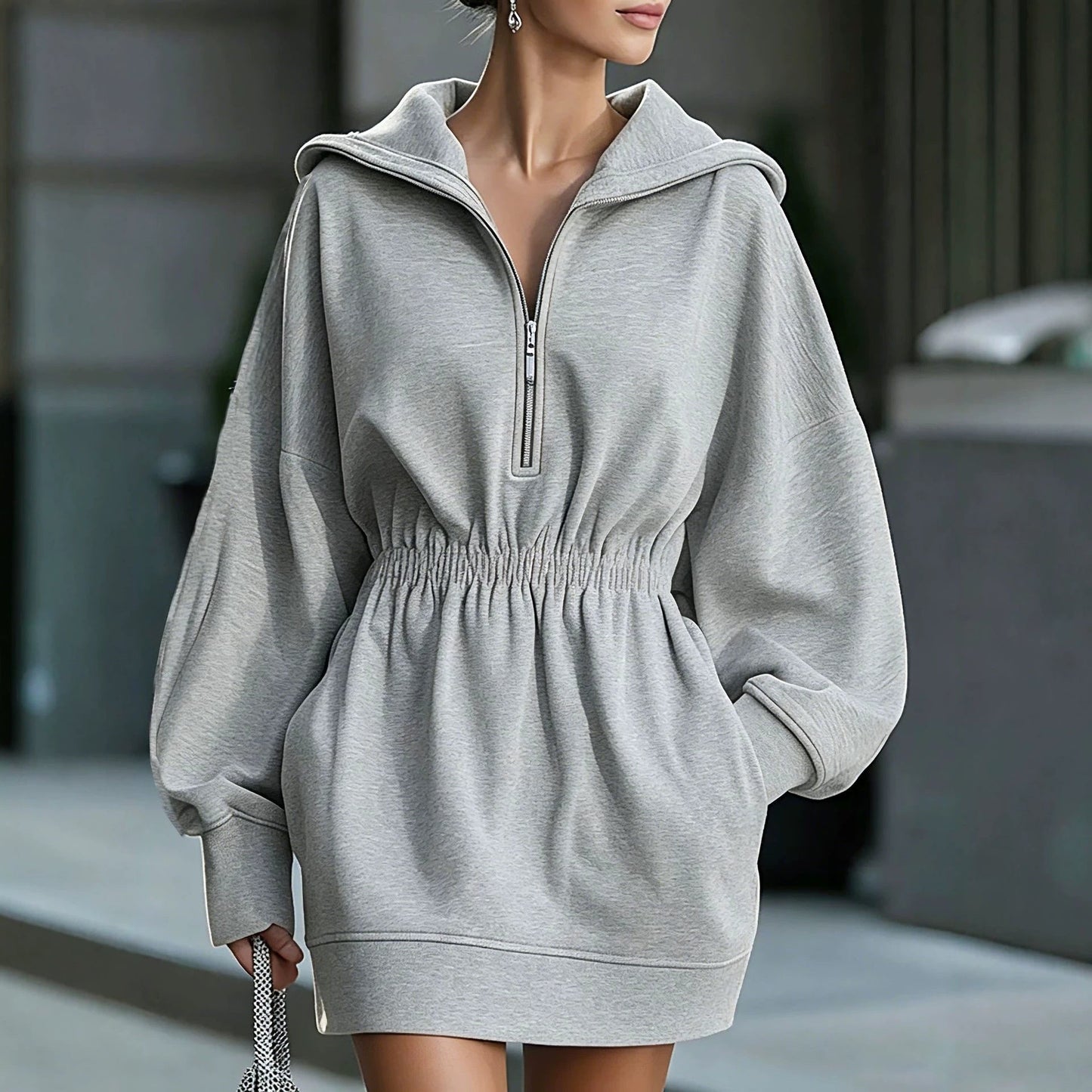 Half Zip Hooded Mini Dress Women Elastic Waist Long Sleeve Casual Sweatshirt Dress