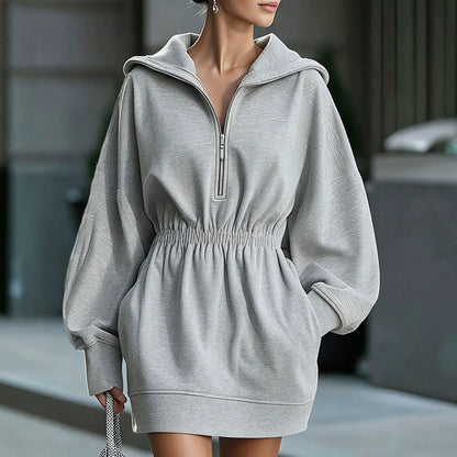 Half Zip Hooded Mini Dress Women Elastic Waist Long Sleeve Casual Sweatshirt Dress
