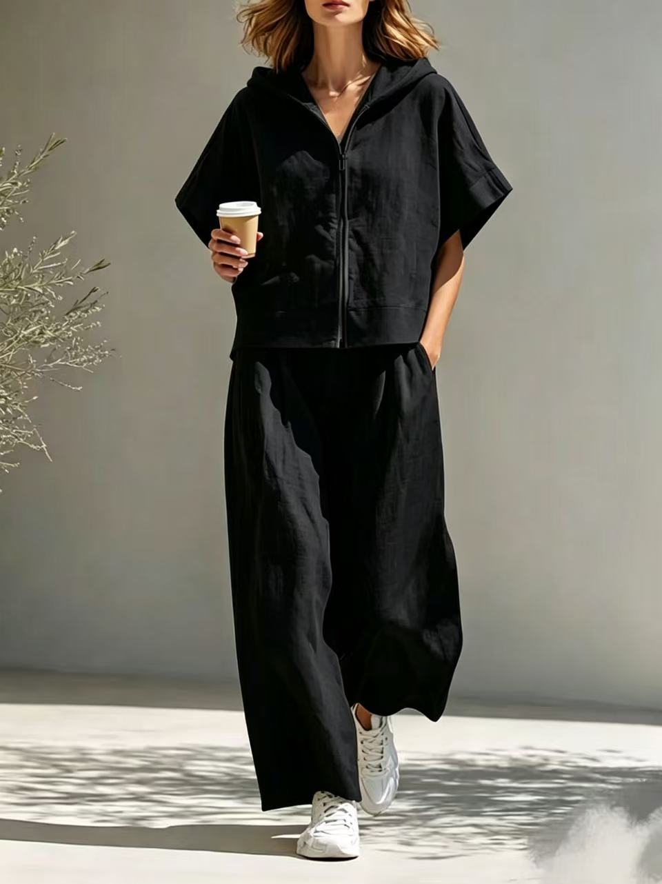 Hooded Zip Top & Wide-Leg Pants Set