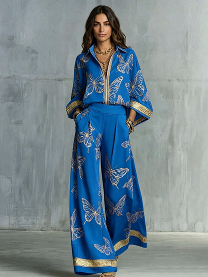 Butterfly Print Zip‑Front Blouse & Wide‑Leg Pant Two‑Piece Set