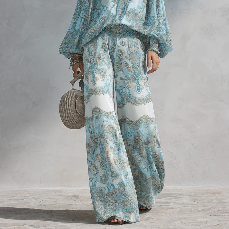 Paisley Print Blouse & Wide-Leg Pants Set
