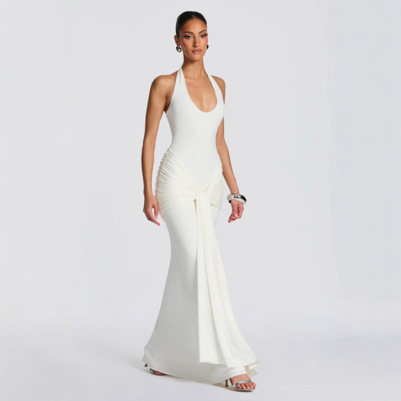 Halter Ruched Draped Mermaid Maxi Evening Dress