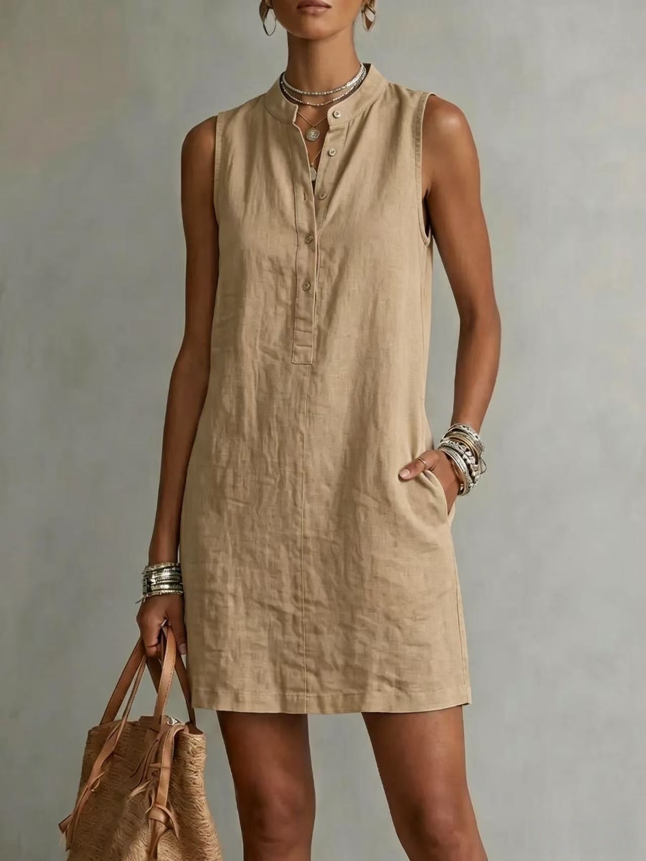 Sleeveless Linen Button-Front Mini Dress