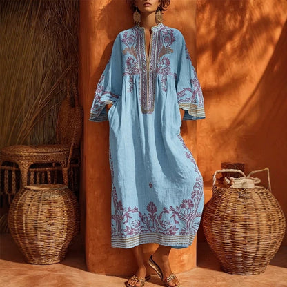 Premium Embroidered Linen-Blend Kaftan Maxi Dress