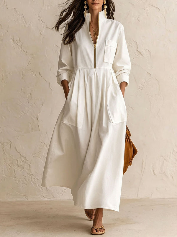 Half‑Zip Stand Collar Pocket Midi Maxi Dress