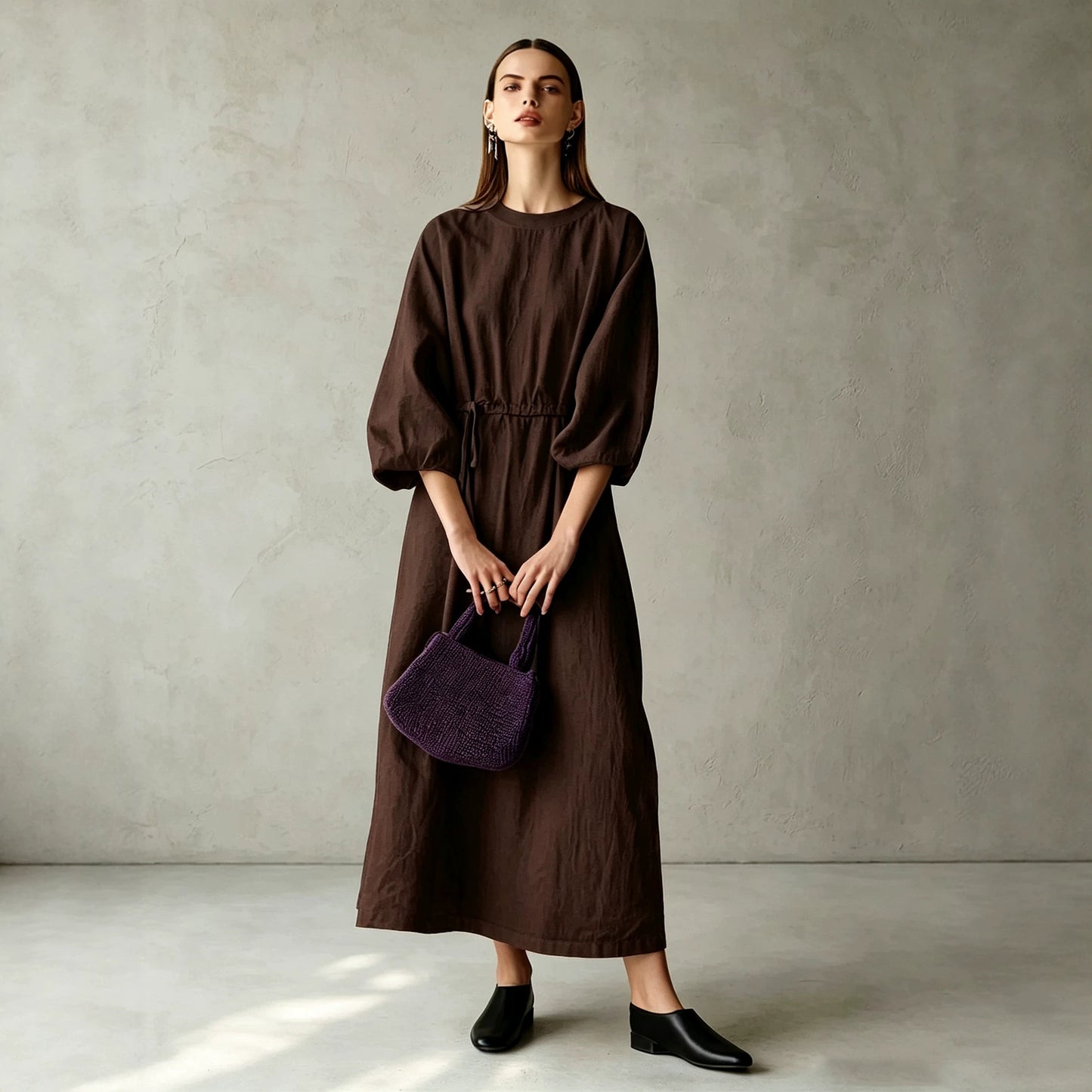 Women's Cream Textured Cotton-Blend Maxi Gown With Drop Shoulder Lantern Sleeves & Self Tie Waist Detail, Modern Effortless-Chic Everyday Maxi Dress