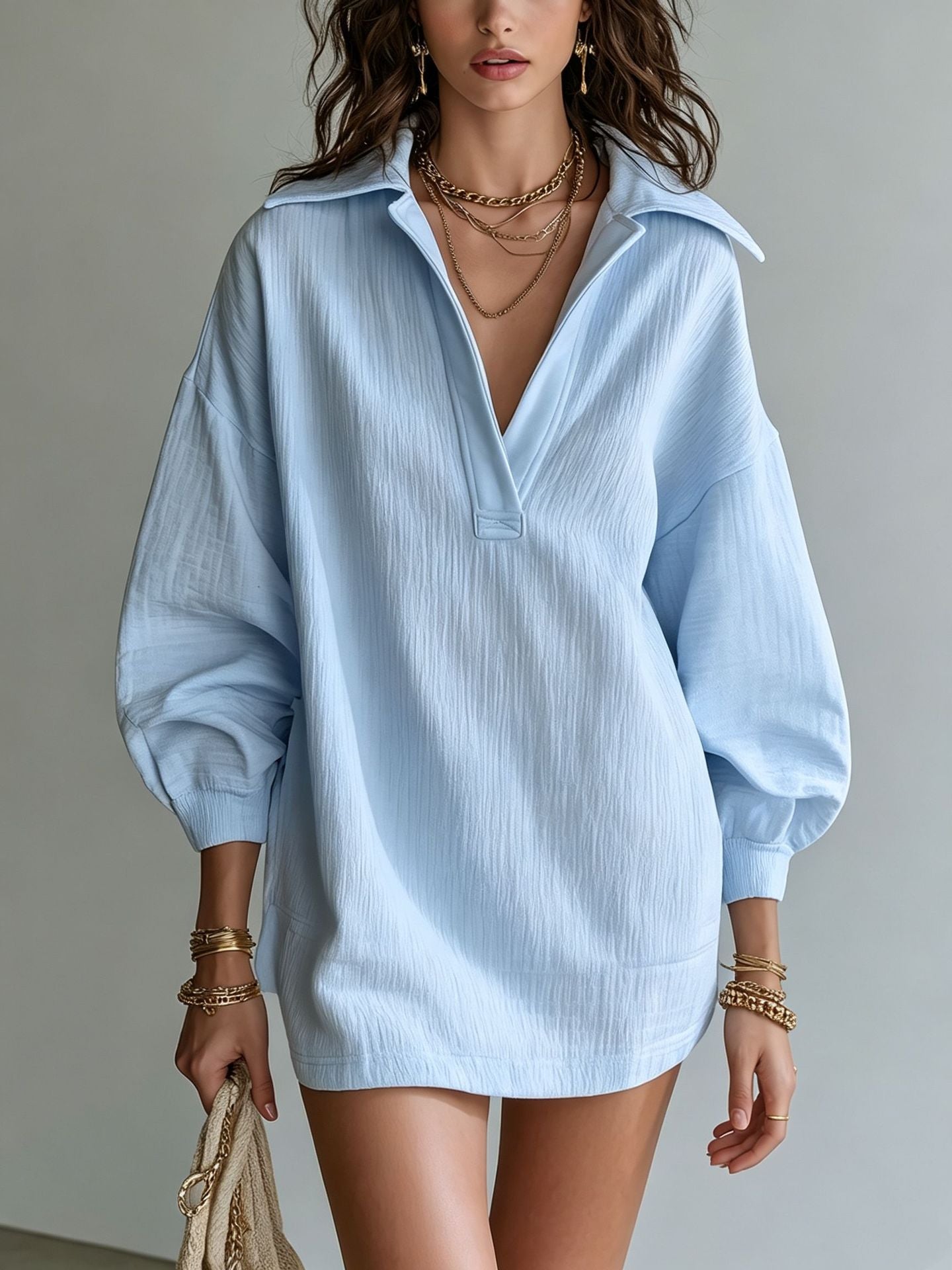 Crinkle Textured Collar V‑Neck Tunic Dress Women Loose Long Sleeve Casual Mini Dress