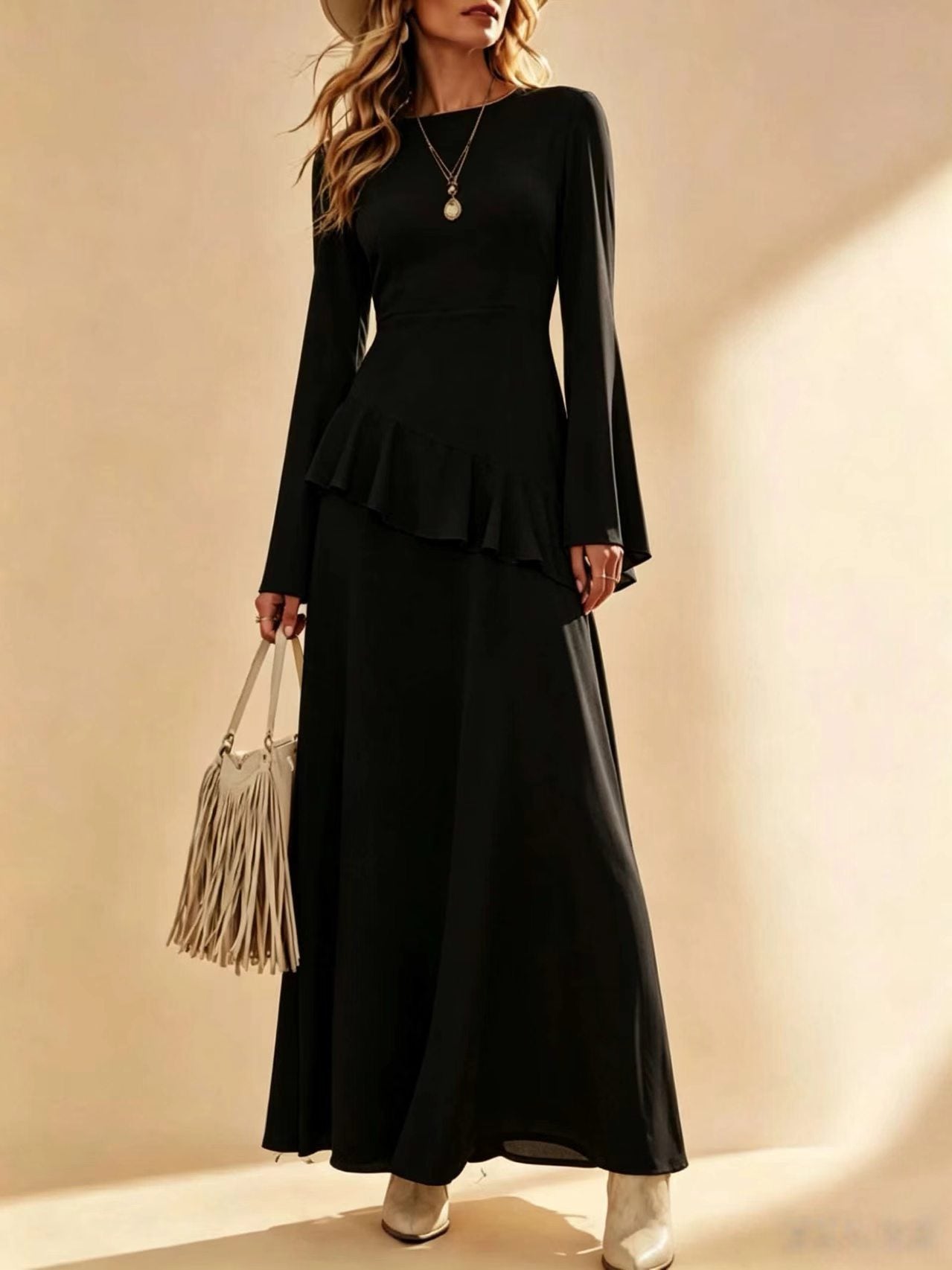 Asymmetrical Ruffle Long‑Sleeve Chiffon Maxi Dress