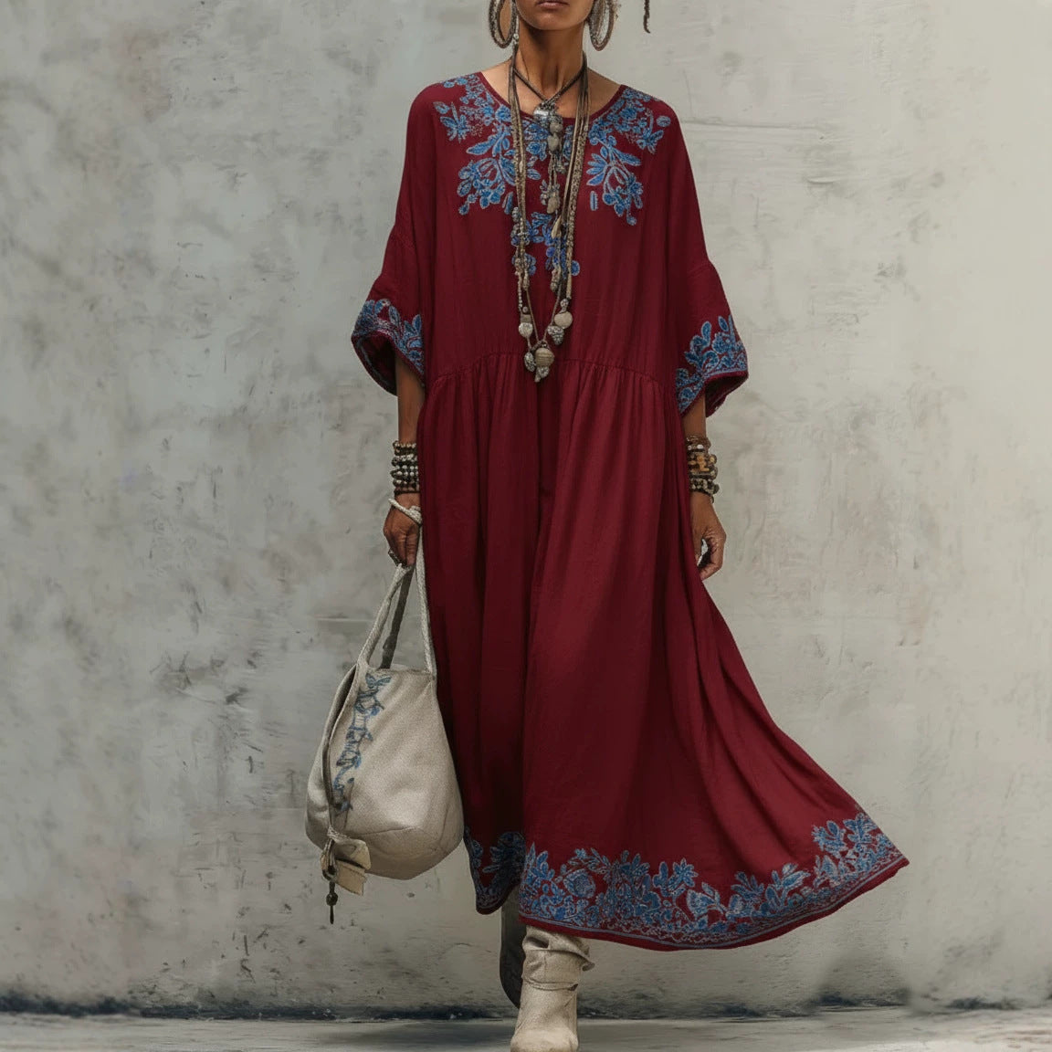Floral Embroidery Gathered Waist Three Quarter Sleeve Kaftan Maxi Dress