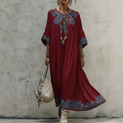 Floral Embroidery Gathered Waist Three Quarter Sleeve Kaftan Maxi Dress