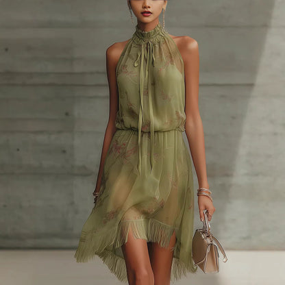 High-Neck Floral Chiffon Fringe Mini Dress