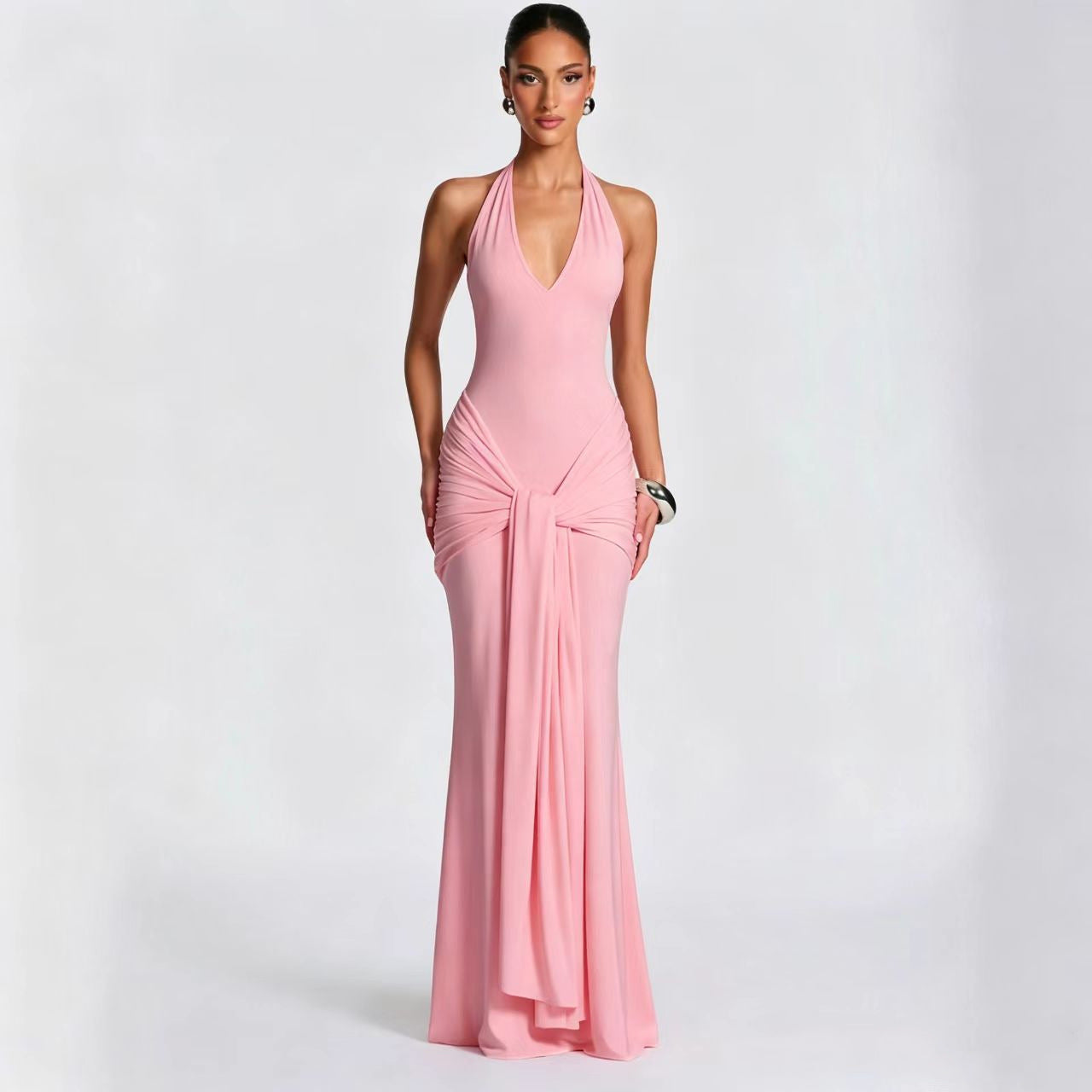 Halter Ruched Draped Mermaid Maxi Evening Dress