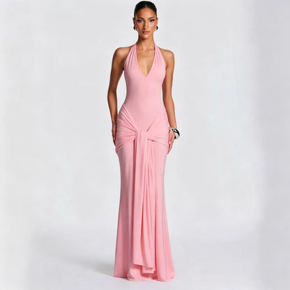 Halter Ruched Draped Mermaid Maxi Evening Dress