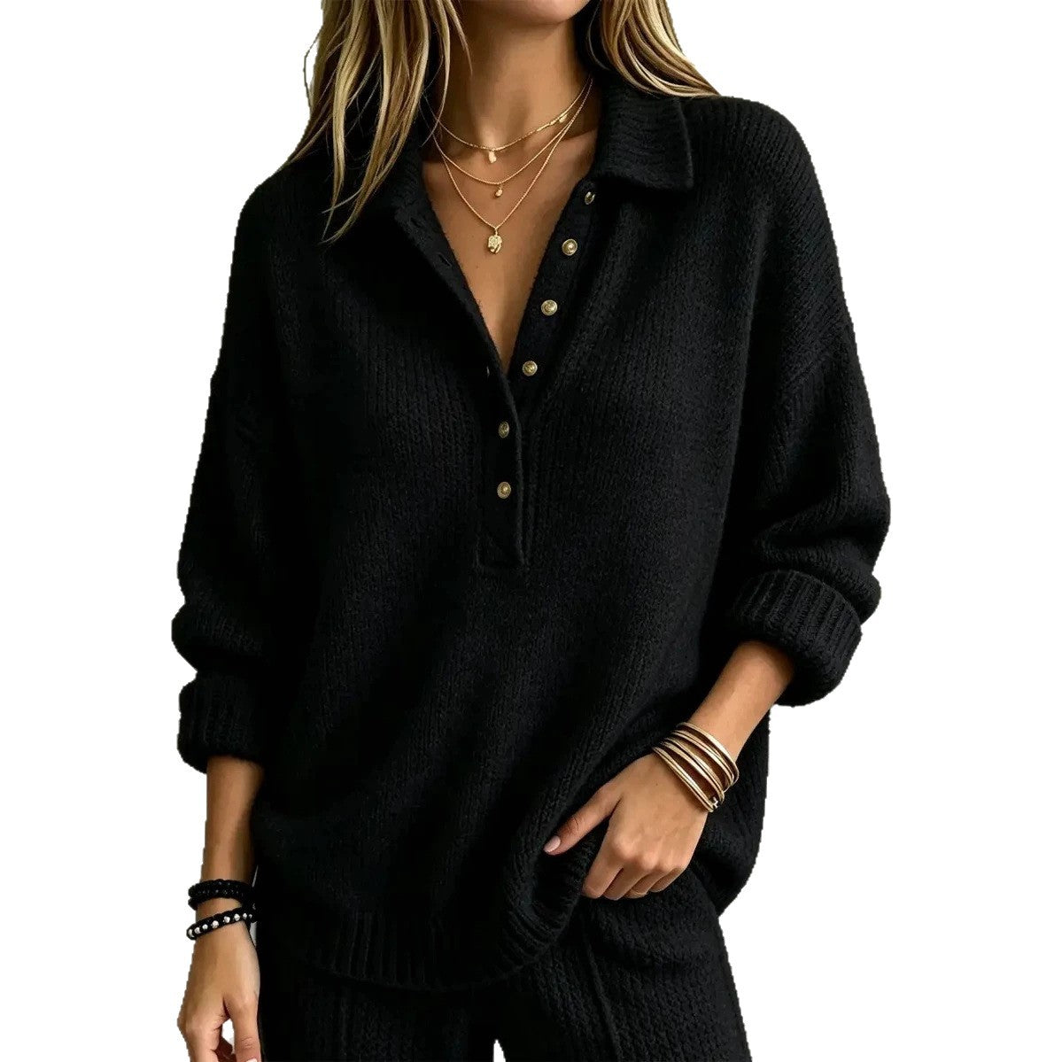 Loose Collared Henley Knit Sweater Women Solid Long Sleeve Casual Pullover Top