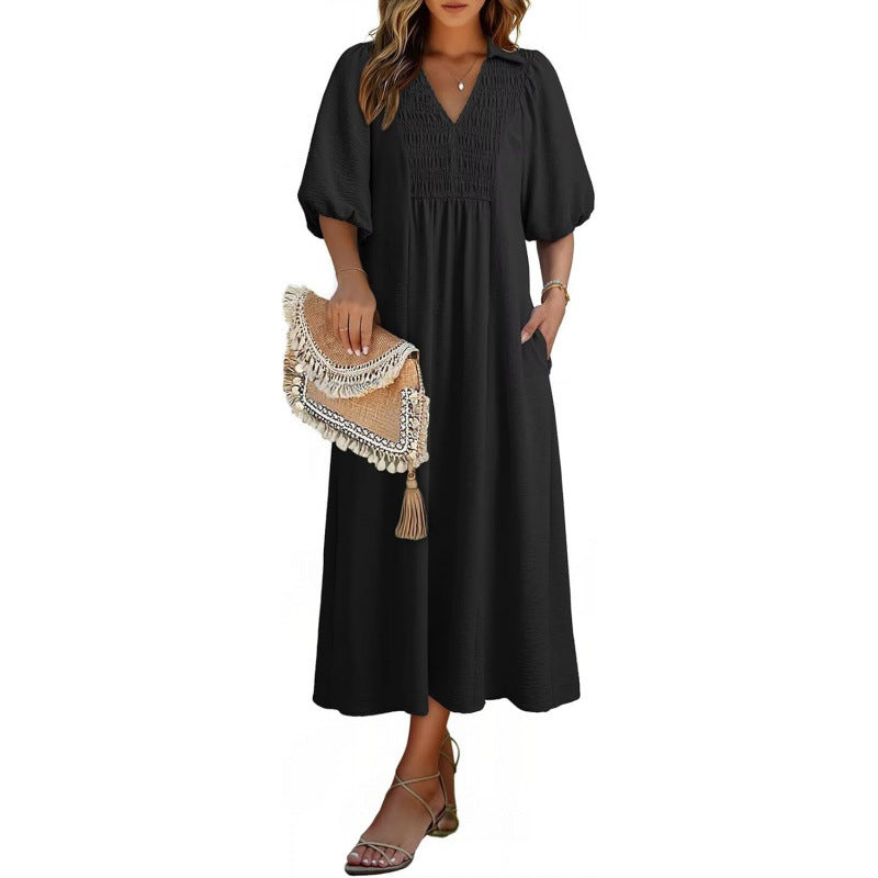 Smocked V‑Neck Puff‑Sleeve Midi Dress