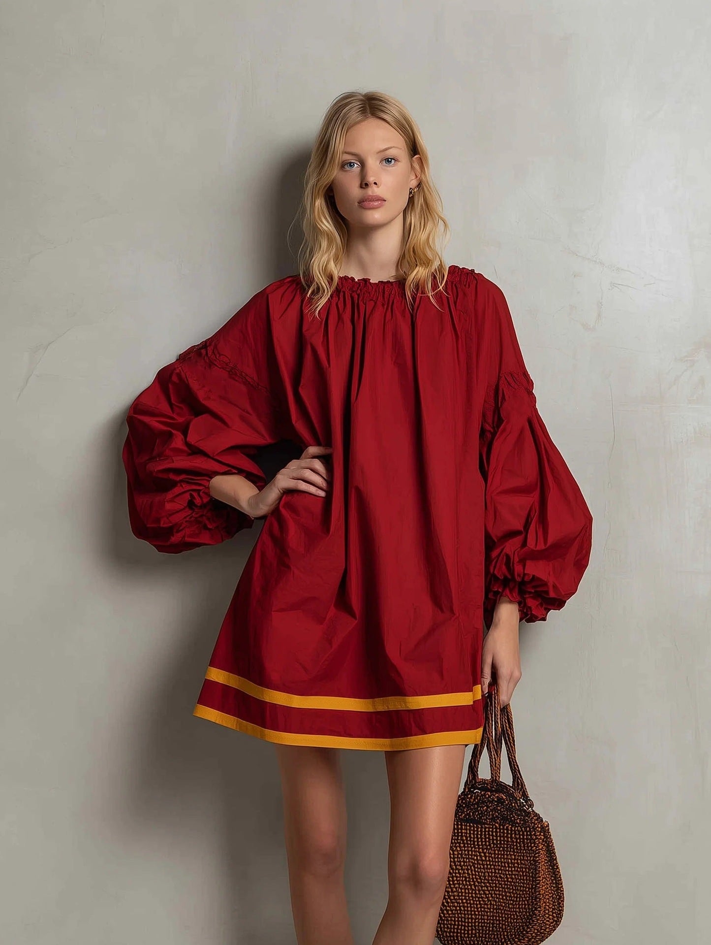 Ruffled Neck Balloon Sleeve Contrast Trim Poplin Mini Dress