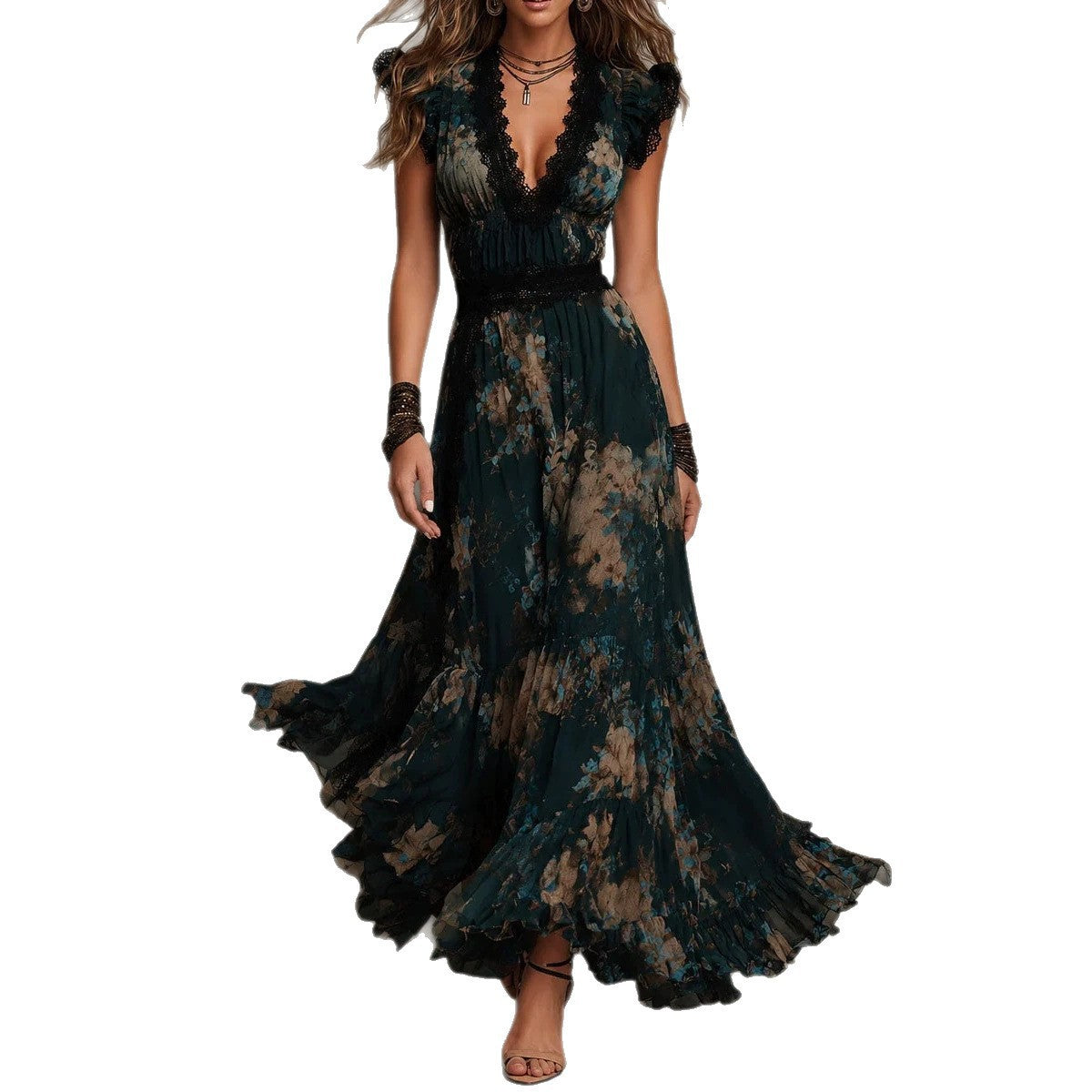 Vintage Boho Floral Maxi Dress V‑Neck Lace Flutter Sleeve Waist Ruffle Hem Long Dress