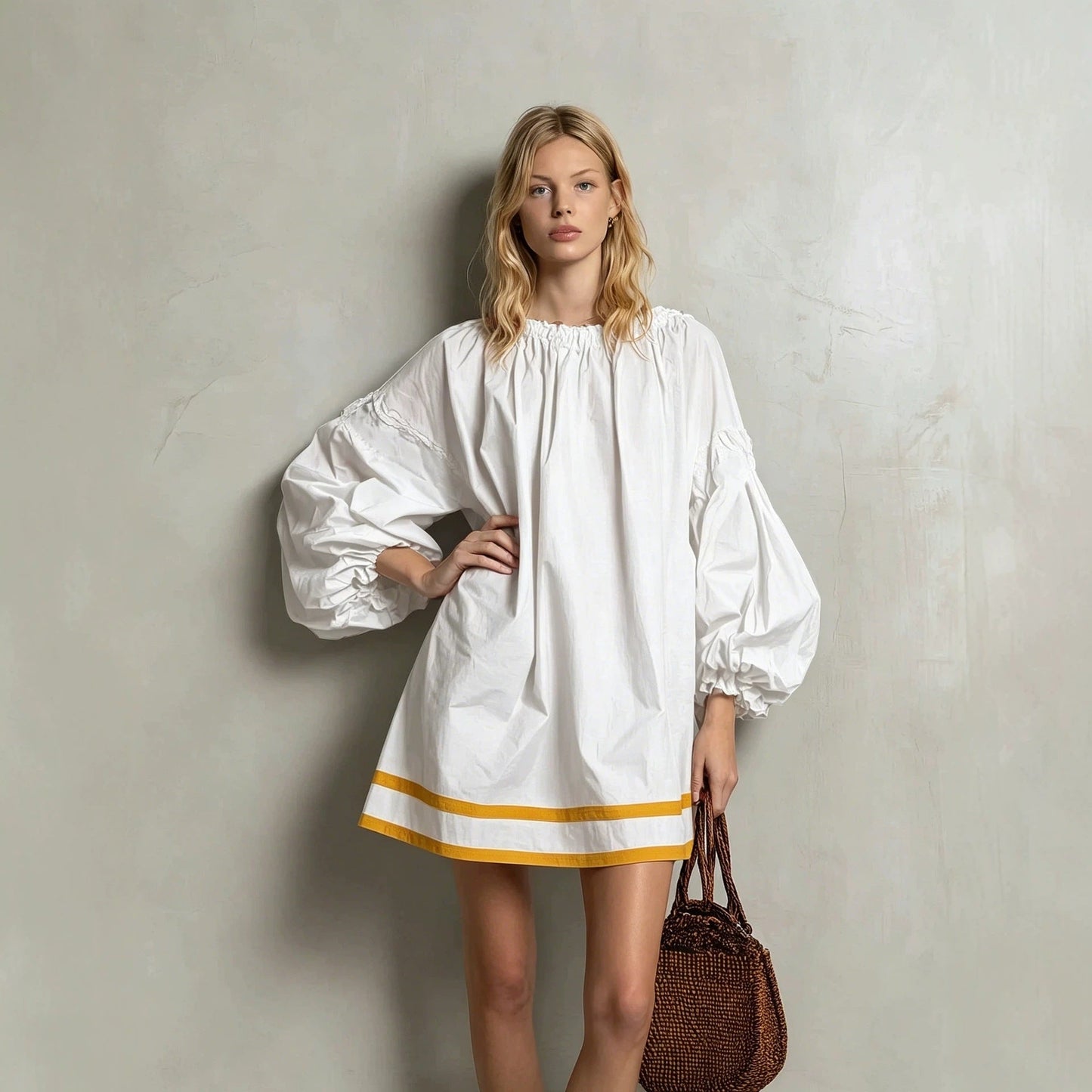 Ruffled Neck Balloon Sleeve Contrast Trim Poplin Mini Dress