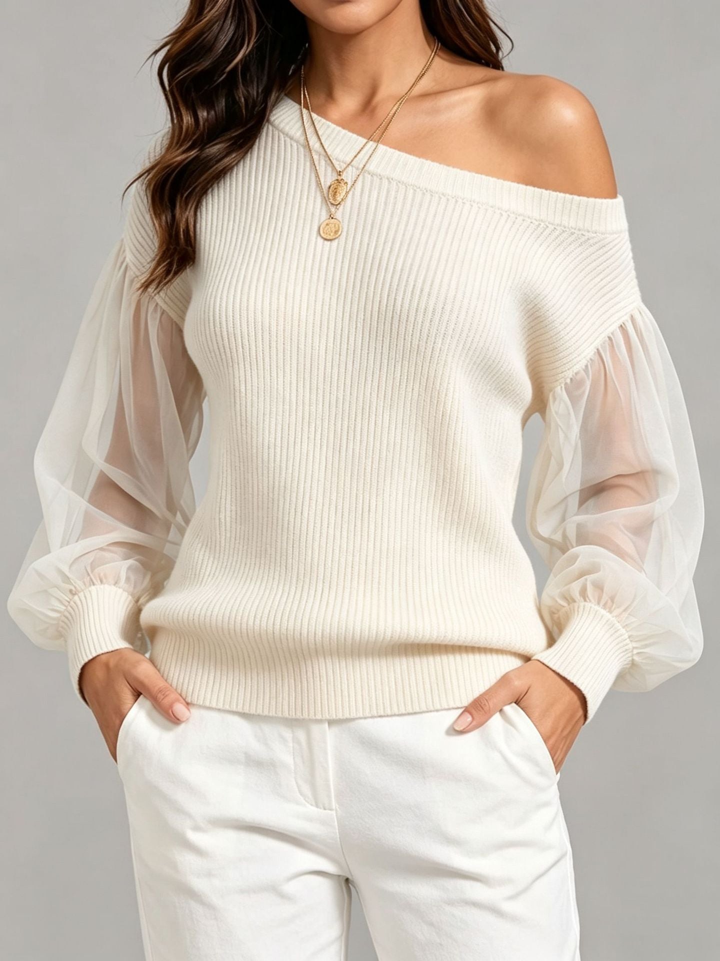 Asymmetric Off‑Shoulder Mesh Puff Sleeve Ribbed Knit Sweater