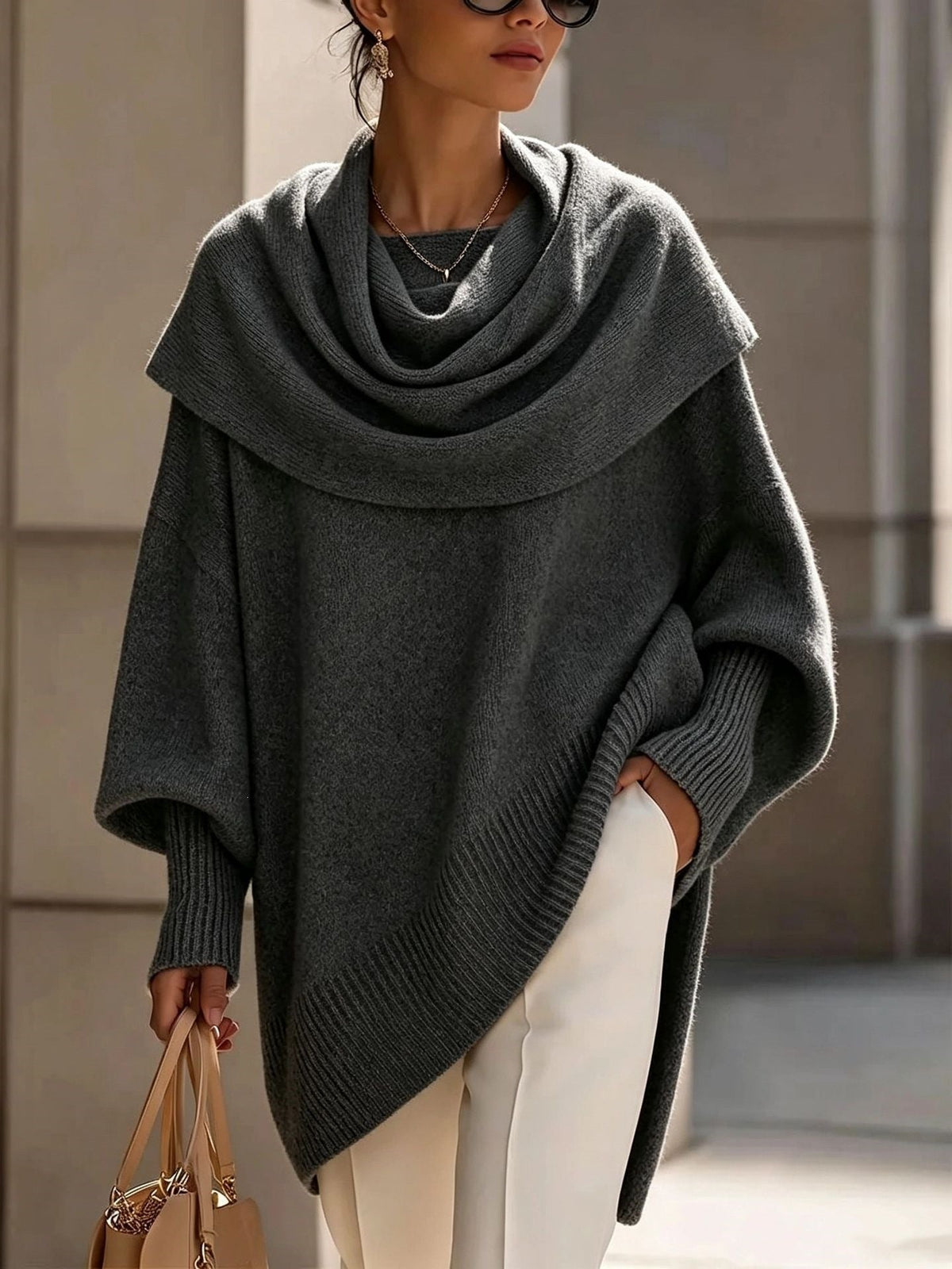 Women's Solid Cowl Neck Oversized Asymmetric Hem Knit Tunic Sweater
