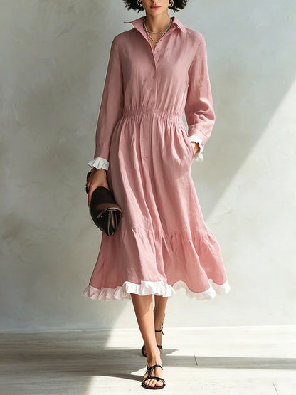 Button-Down Shirt Dress with White Ruffle Trim