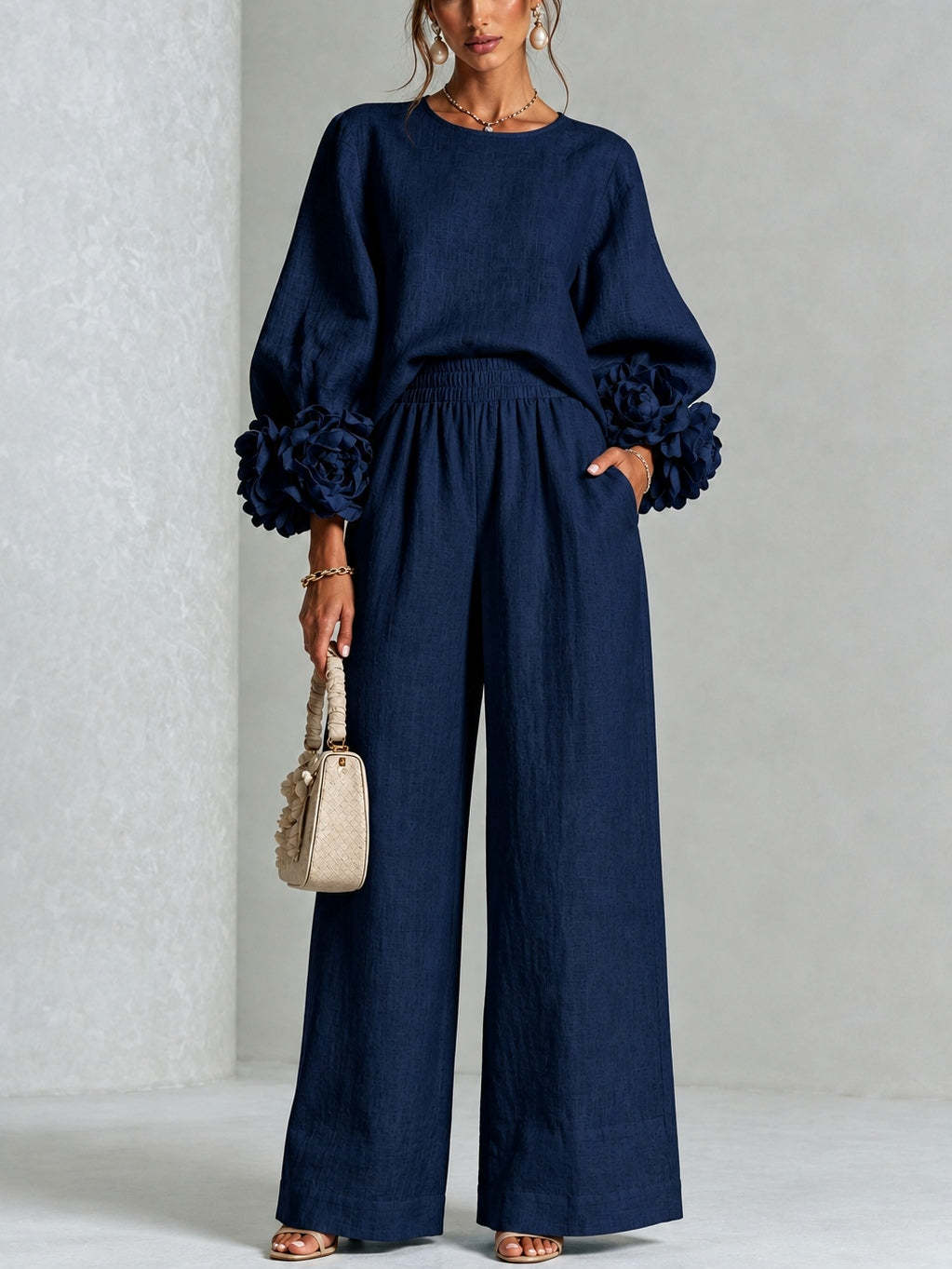 Pink Top Featuring Striking Floral Cuffs Paired With Wide-leg Pants Suit - Navy / XS(2) - Matching Sets