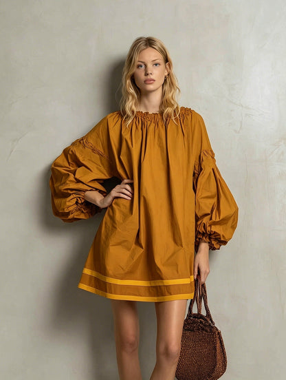 Ruffled Neck Balloon Sleeve Contrast Trim Poplin Mini Dress