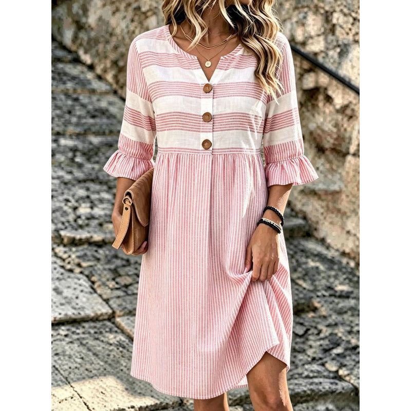 Stripe Mixed Print Linen‑Blend Midi Dress