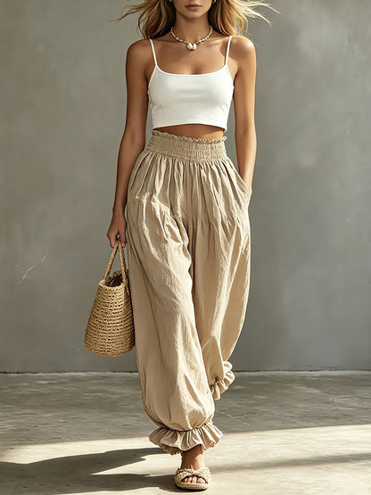 Casual Light Blue Ruffled Lantern Pants Elastic Waist Pants