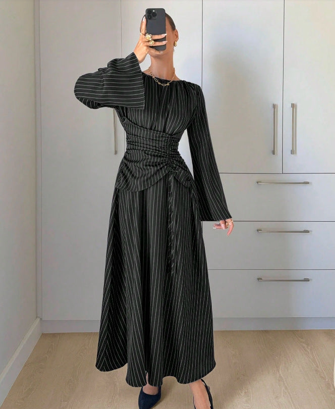 Pinstripe Ruched Waist Bell Sleeve Midi Dress