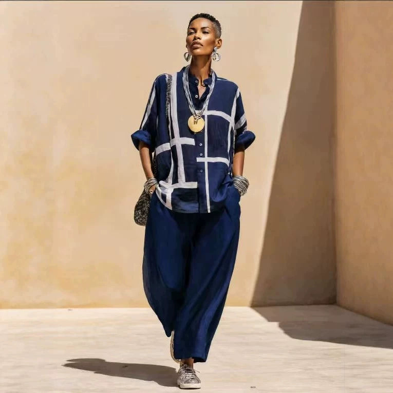 Geometric Print Linen Two Piece Shirt & Wide Leg Pant Set