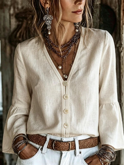 V-Neck Button-Front Bell Sleeve Blouse