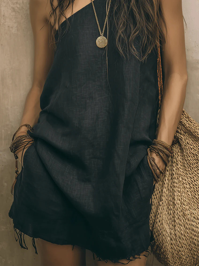 One‑Shoulder Frayed Hem Linen Blend Mini Dress With Pockets