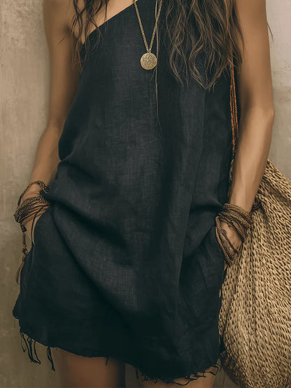One‑Shoulder Frayed Hem Linen Blend Mini Dress With Pockets