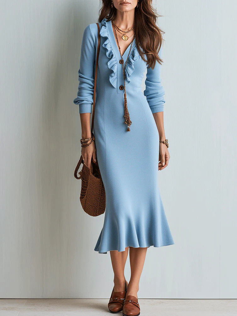 Ruffle V-Neck Knit Midi Dress with Mermaid Hem