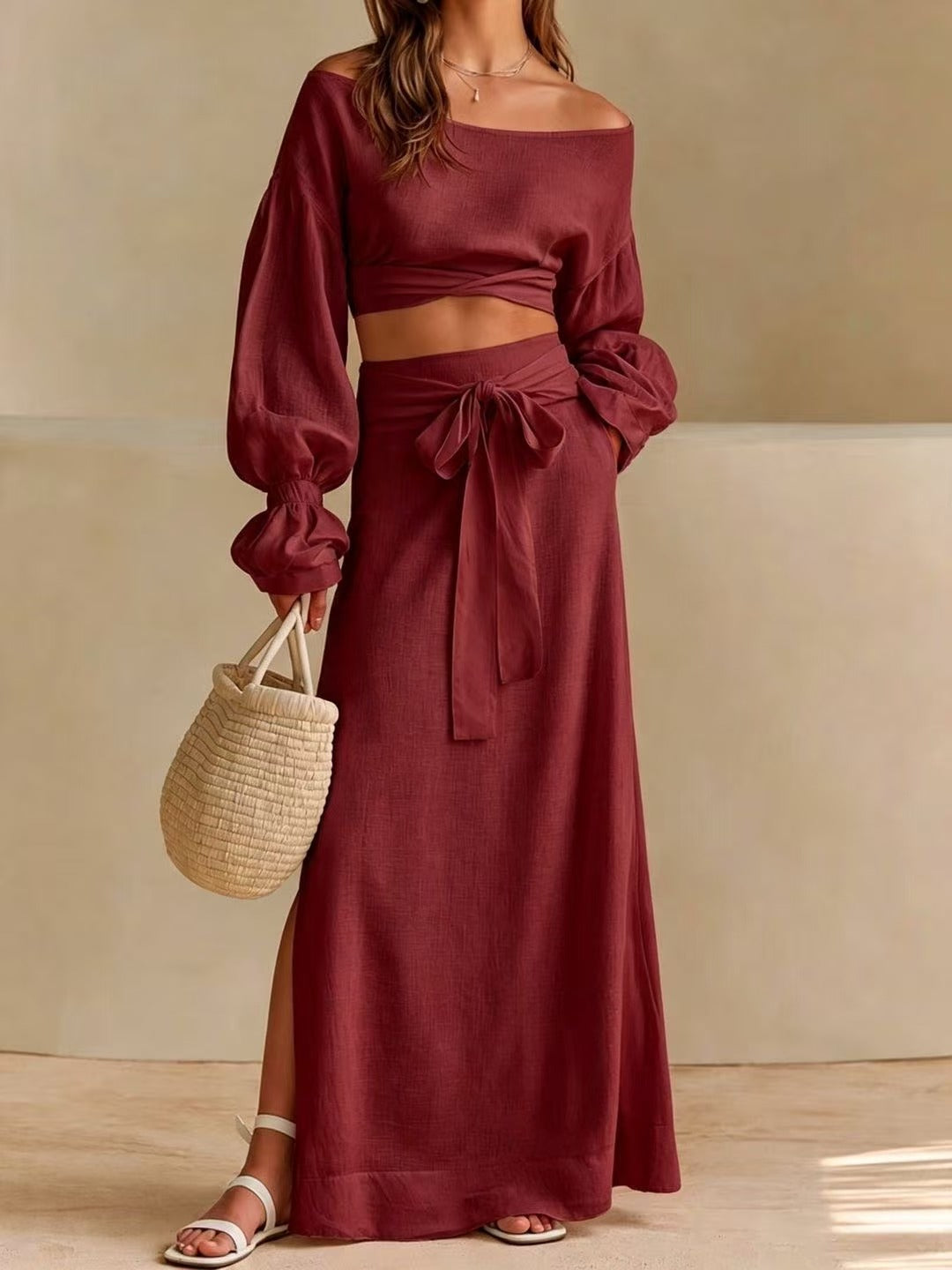 Linen‑Blend Off‑Shoulder Crop Top & Tie‑Waist Slit Maxi Skirt Two‑Piece Set